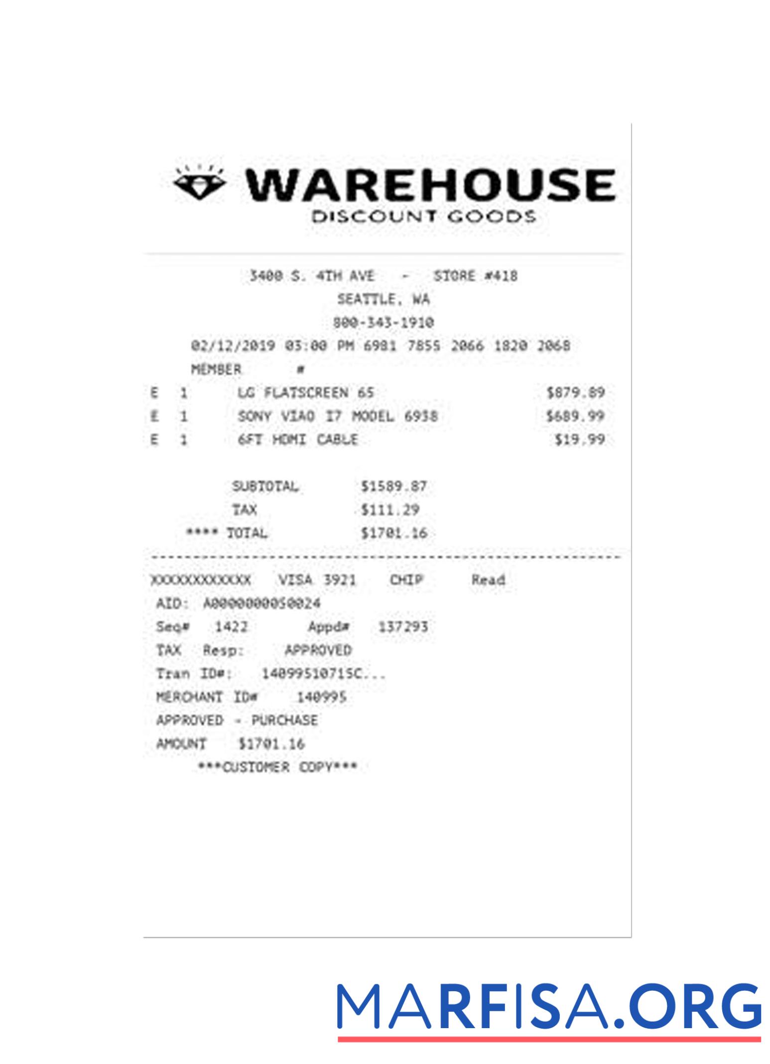 Blank WAREHOUSE receipt example